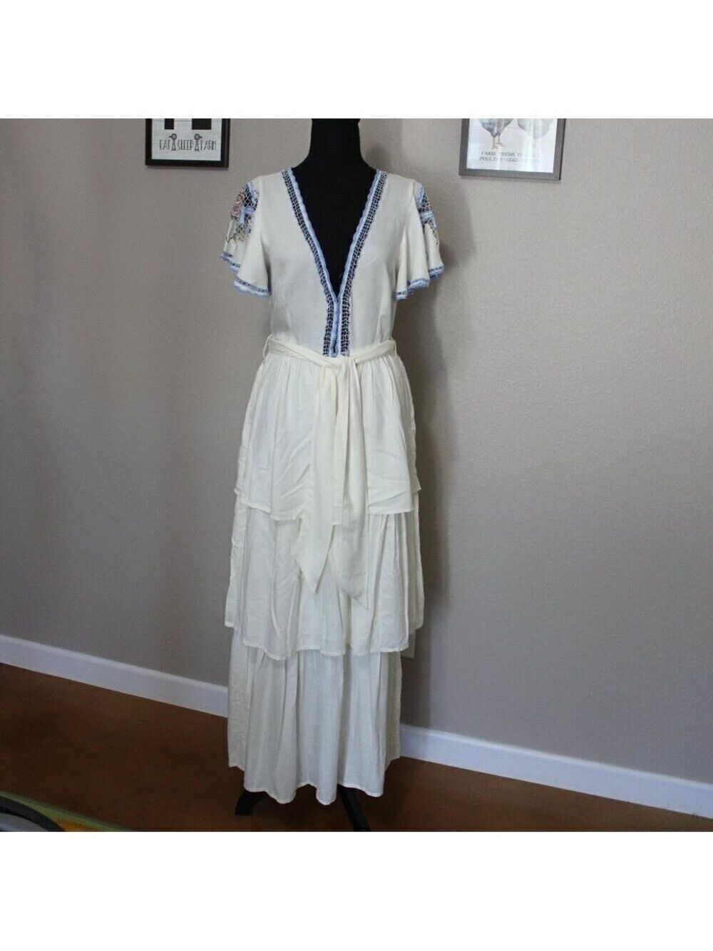 Cleobella Womens Long Dress Tiered Embroidered Lace Cream Size Small Fairy Boho